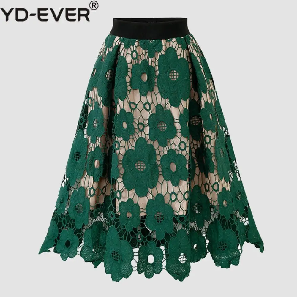 Женская кружевная юбка с завышенной талией зеленая ажурная Юбка До Колена