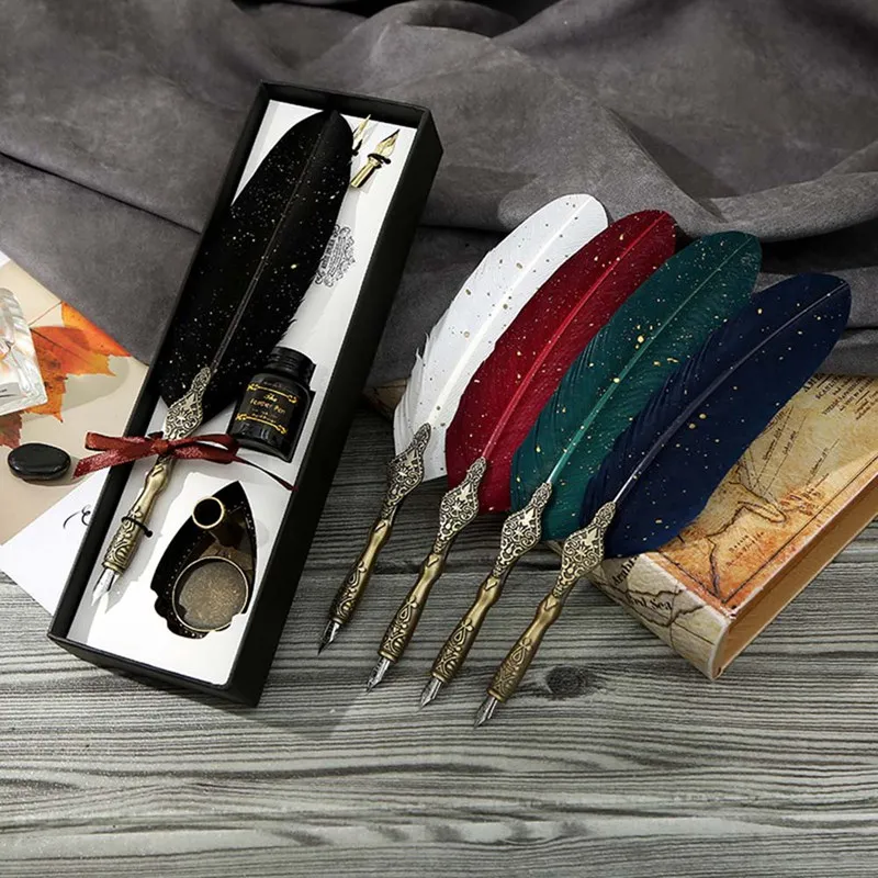 

1Set New Calligraphy Feather Dip with 2 Nib Gift Quill Pen Writing Ink Set Gift Box Wedding Fountain Pen Design