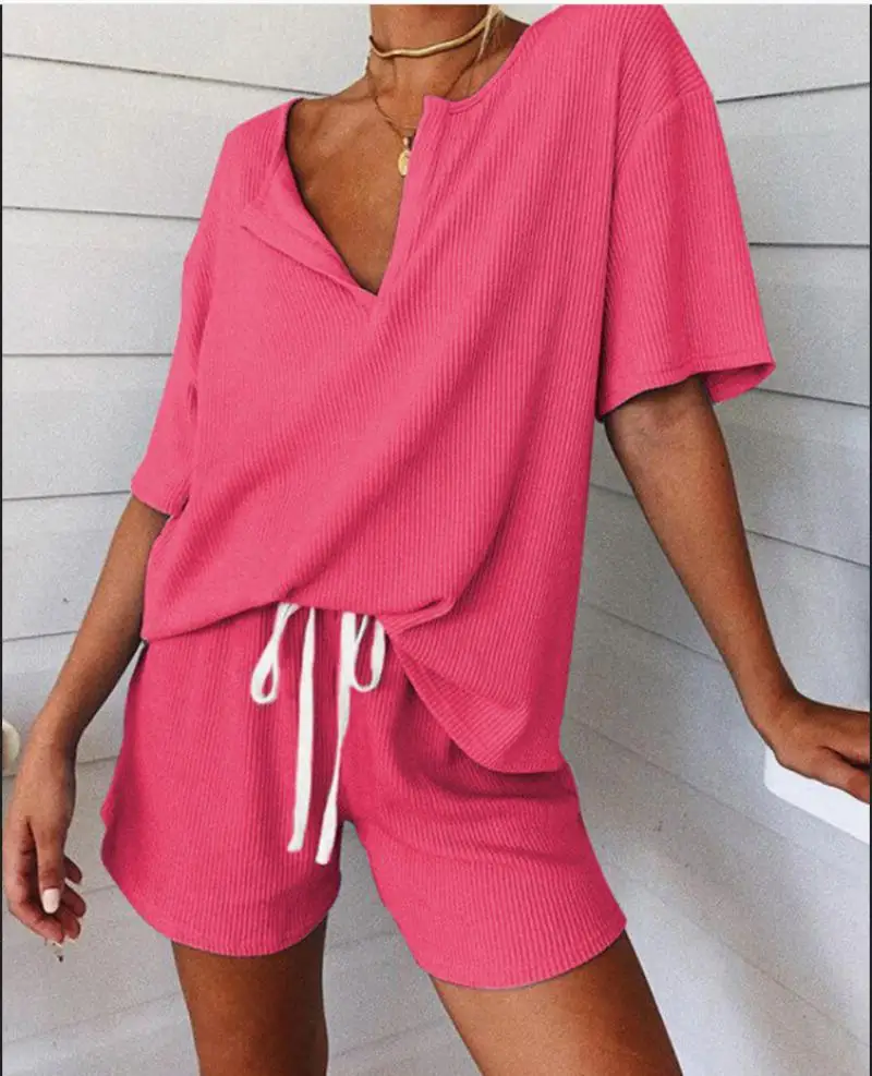 

Shorts Set 2-Piece Summer Ladies Beach Short-Sleeved Casual V-Neck Cut Top and Shorts Drawstring Casual Sports Street