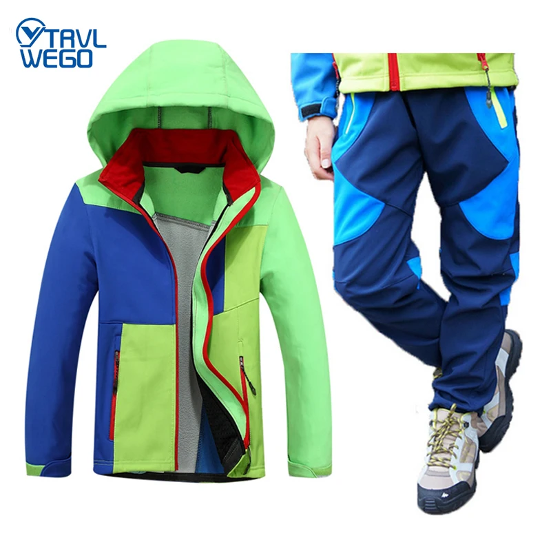 

TRVLWEGO Autumn Winter Children Softshell Coat and Pants Set Hood Ski Jacket&pants Windproof Waterproof Outdoor Camping Hiking