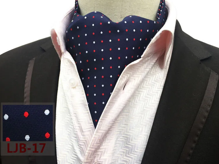 

Men's Ascot Tie Blue with Red White Dot Cravat for Dinner Party