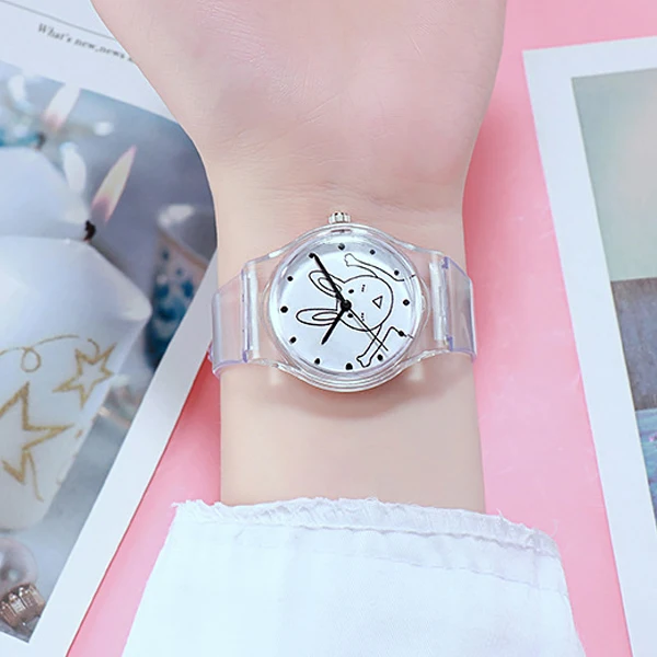 Женские кварцевые часы с мультяшным животным прозрачный циферблат модные