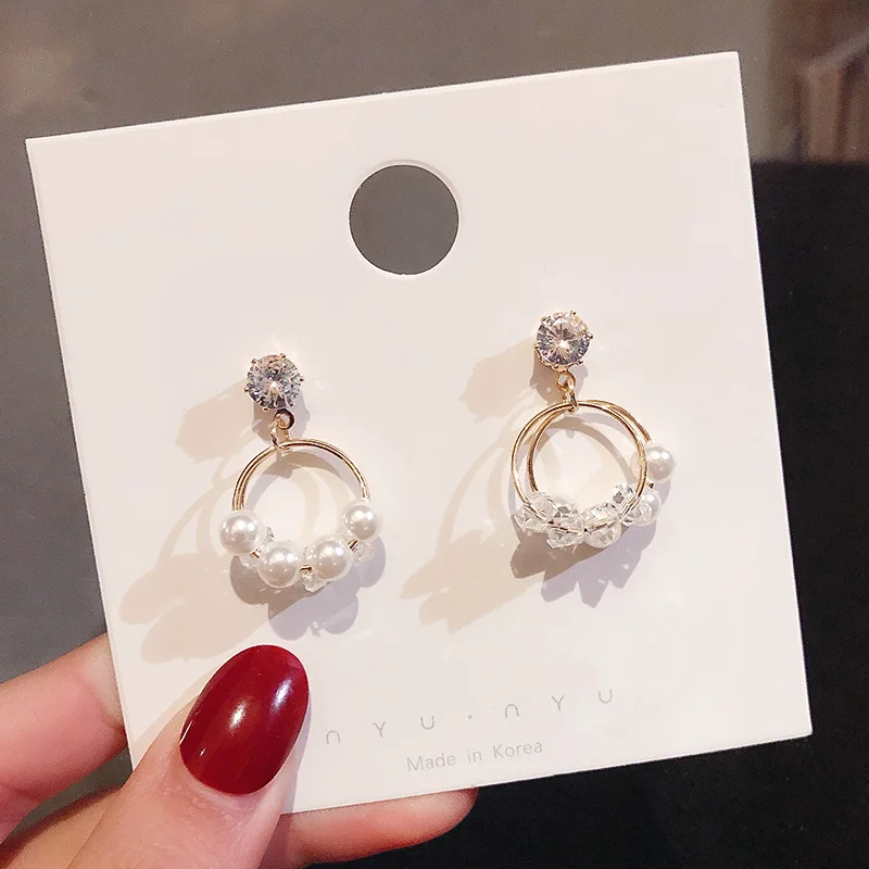

S925 Silvers Needle Temperament New Pearl Short Dangle Earrings Crystal Women's Geometric Jewellery Luxury Hanging