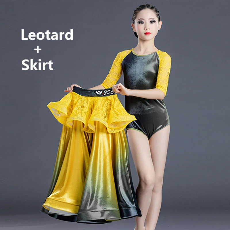 

Ballroom Dance Competition Suit Lace Sleeve Leotard Lace Yellow Gradient Waltz Dancing Skirt Performance Stage Clothing
