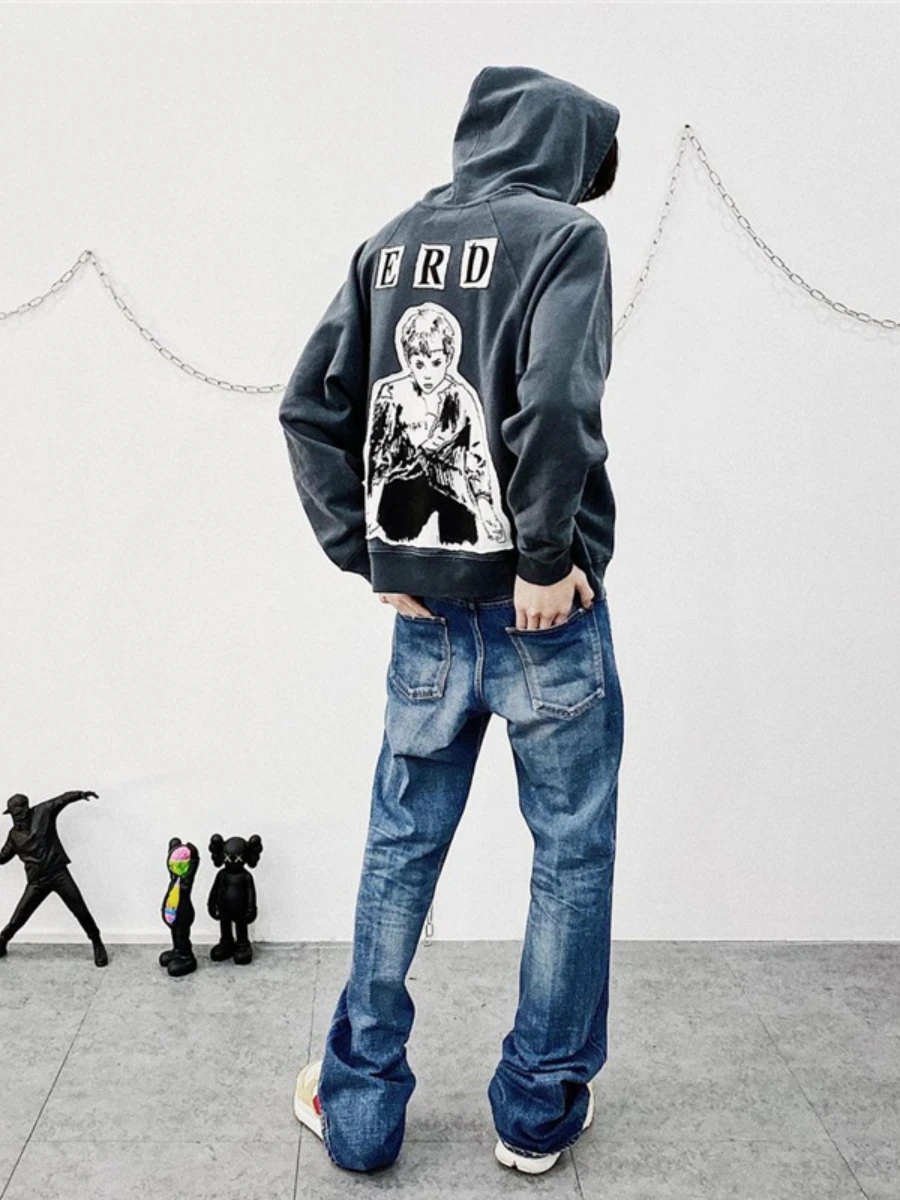 

High Street Retro Patch Boy Plus Fleece Hooded Sweater Men Women Oversized Hoodie Streetwear Good Quality Plus Fleece