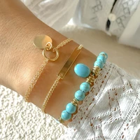 3pcsset bohemia green beads adjustable braided bangles bracelet gold charm jewelry for women female bracelet accessories