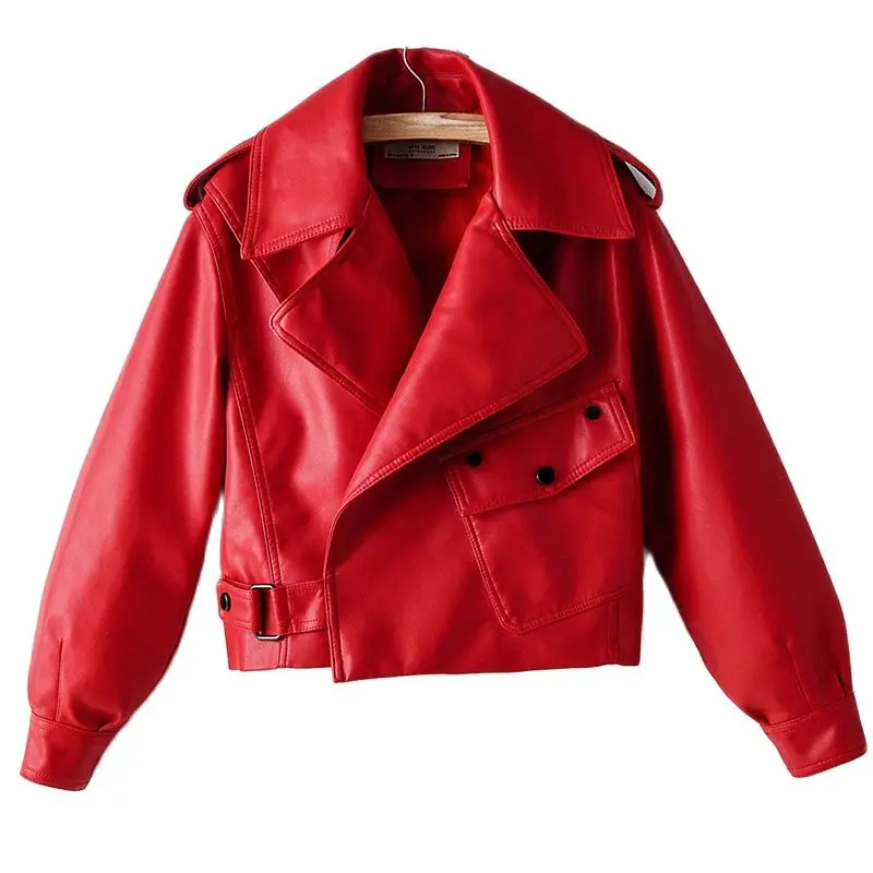 Осенняя Женская куртка из искусственной кожи, байкерское красное пальто из искусственной кожи, свободная уличная одежда с отложным воротни...