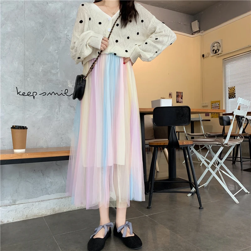 

HziriP 2020 Autumn Skirts For Women Rainbow Mesh Chiffon Elastic Waist Elegant A-Line All Match Fresh Casual Female Office Lady