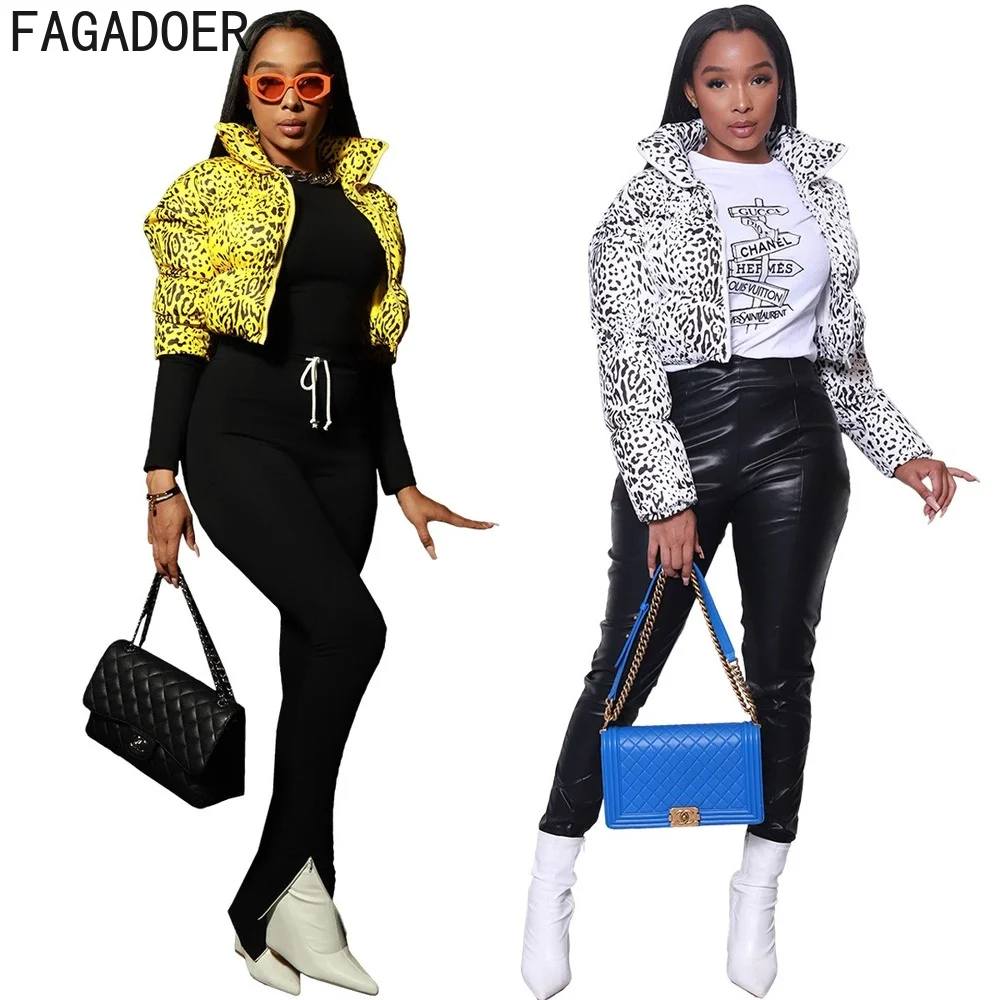 FAGADOER Winter Print Coat Women Thick Warm Bread Service Jackets Female Zipper Stand Up Collar Cardigan Top Outerwear 2021