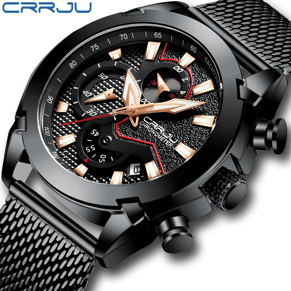 

Men's Luminous Watch CRRJU Luxury Calander Business Watch Men's Chrono Sports Mesh Band Watch Waterproof Clock