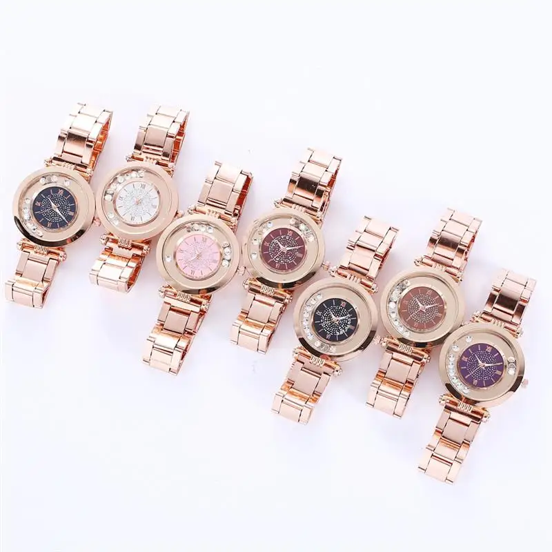 Модные вращающиеся алмазные часы женские из нержавеющей стали кварцевые на