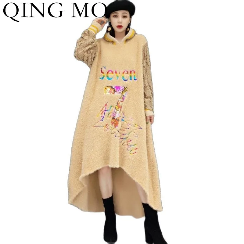 

Женское платье-свитер с капюшоном QING MO, зимнее плотное асимметричное платье из норкового бархата с кружевными рукавами, 2021