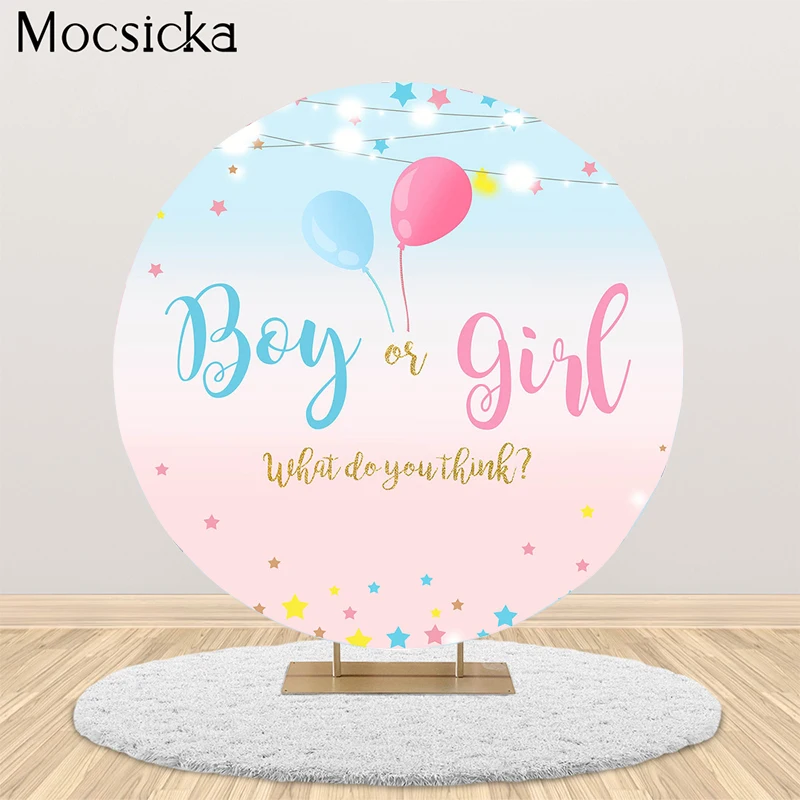 

Mocsicka Gender Reveal Round Photography Background Balloon Lights String Stars Decoration Props Boy Girl Photo Backdrop Studio