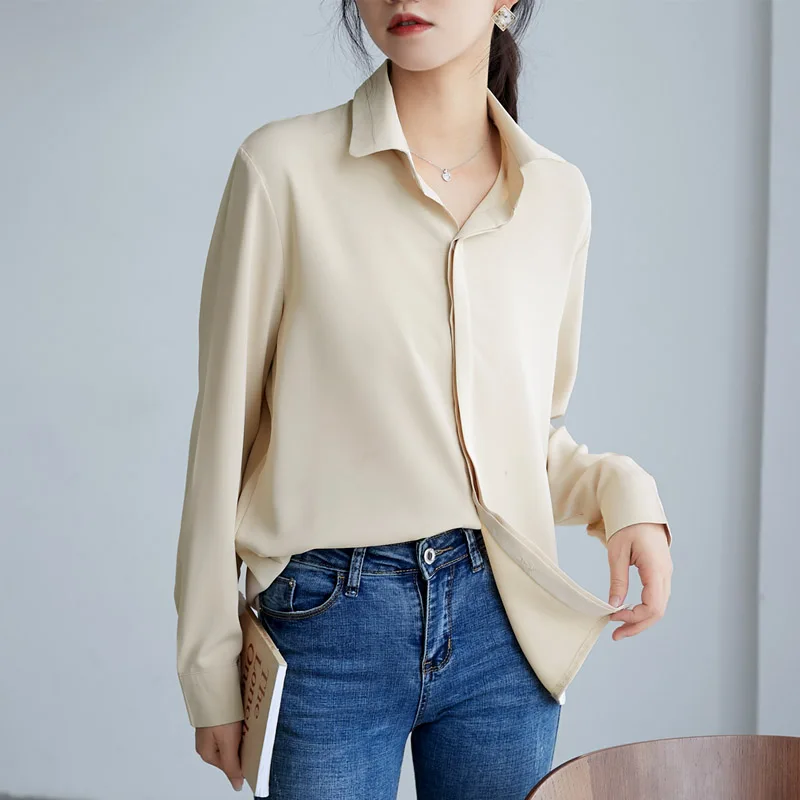 

Houthion Chiffon Slim Women's Blouses New Casual Blouse Fashion Long Sleeve Top Solid Color V-neck Shirt Spring/autumn