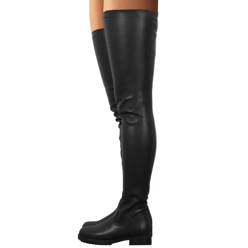 2022 Low Heels Black Thigh High Boots Women Autumn Winter Pu Leather Over The Knee Boots Stretch Long Boots Casual Female Shoes