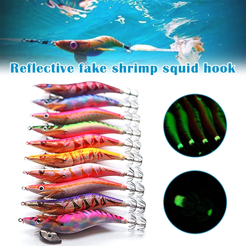 

10Pcs Fishing Lure Sinker Squid Jig Hook Wooden Shrimp Artificial Fishing Lures Octopus Cuttlefish Shrimp Fishing Bait X