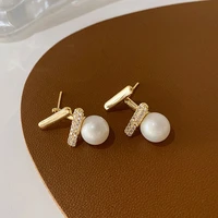 elegant design zircon beads inlaid pearl gold stud pair earrings for women korean ladies new charms ear jewelry gift