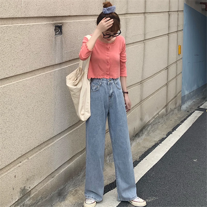 

High Waist Jeans for Women Summer 2020 New Loose Slimming Chic Hong Kong Style Mopping Design Sense Wide-Leg Pants