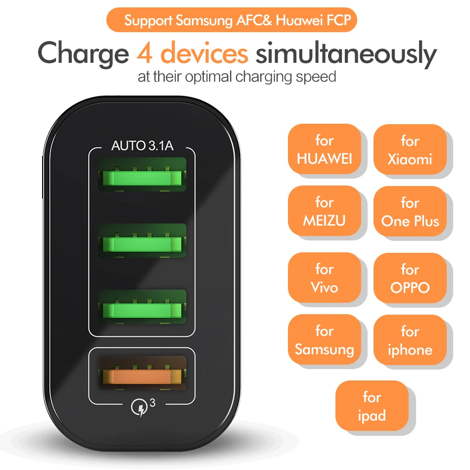 ROCK USB зарядное устройство быстрая зарядка QC 3 0 супер 4 порта портативный мобильный