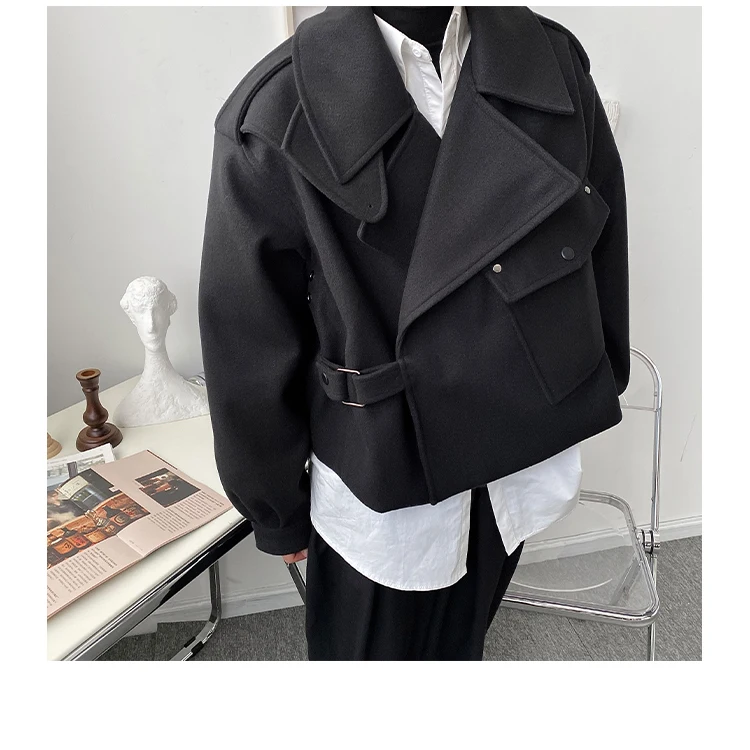 

Male Loose Japan Korea Punk Gothic Wool Coat Overcoat Men Streetwear Fashion Casual Thick Woolen Padded Cotton Short Jacket