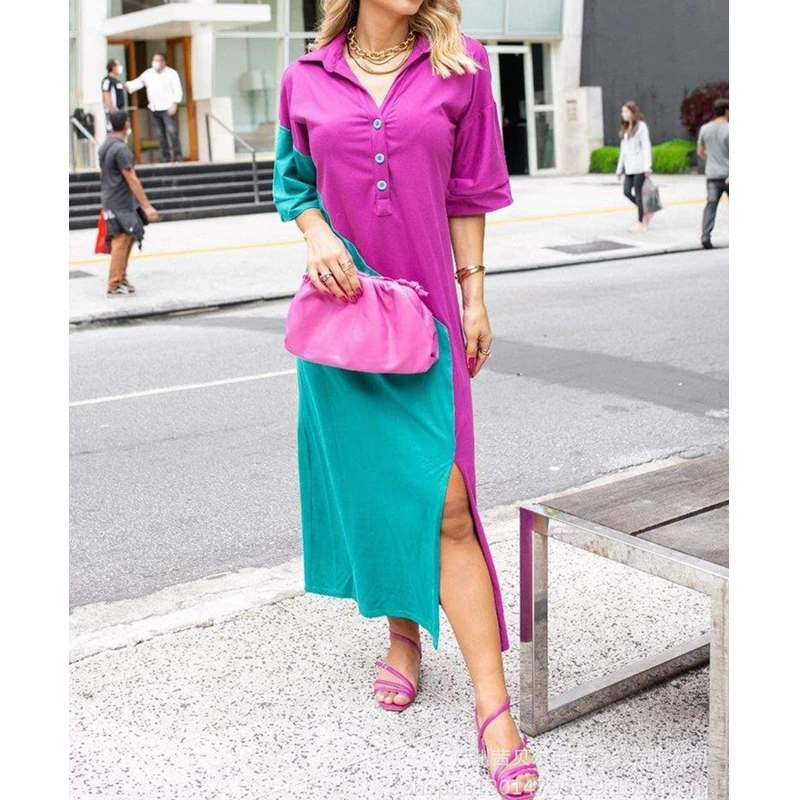 

WEPBEL Casual Solid Shirt Dress Women's Stitching Dress Summer Short Sleeve Single-Breasted Turn-down Collar Split Dress