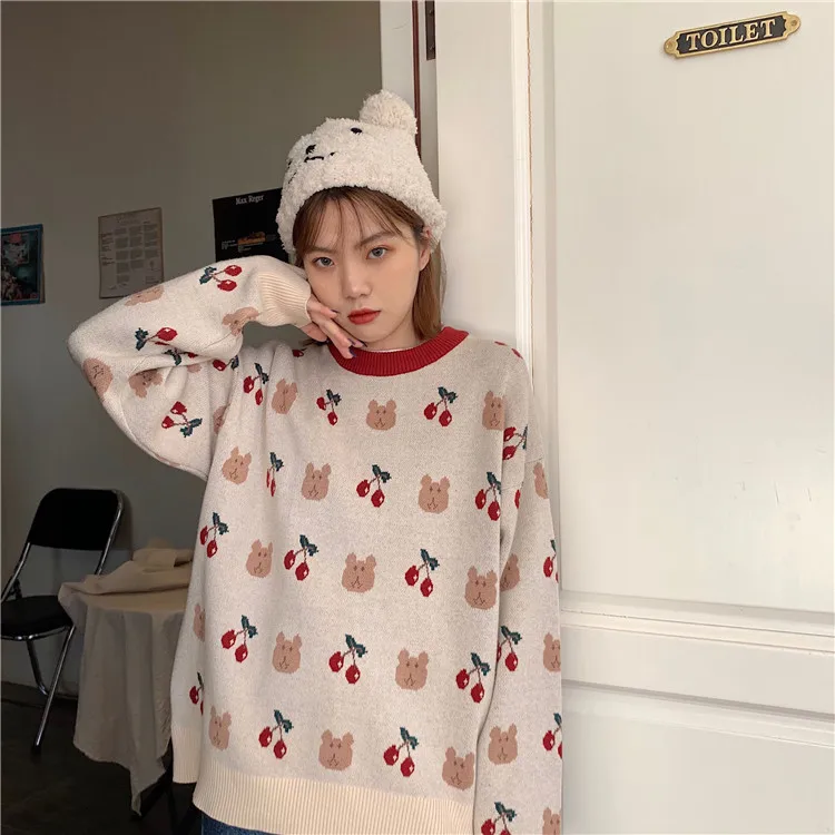 

Women's Sweaters Japanese Kawaii Ulzzang Vintage Loose Bear Cherry Sweater Female Korean Harajuku Cute Clothing For Women
