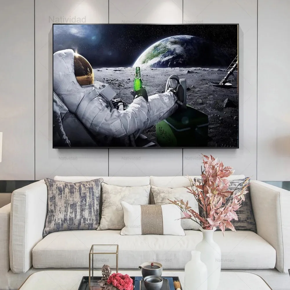 

Astronaut Relaxing On Outer Space Moon Funny Canvas Paintings Drinking Beer Wall Pictures Hd Printed Posters Living Room Decor