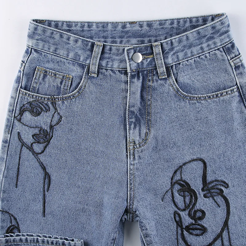 

Summer Fall Clothes Blue Jeans Pants Portrait Abstract Face Embroidery High Waist Denim Straight Trousers Capris Vintage Bottoms