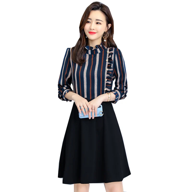 Женские весенние 2019 с длинным рукавом в полоску трапециевидные женские платья