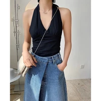 summer new ins beach style sexy temperament fashionable v shaped strap hanging neck sling was thin short top women