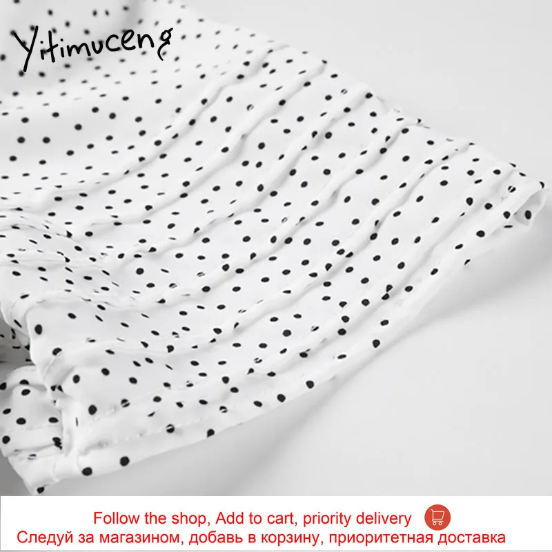 

Yitimuceng White Dot Folds Zipper High Waist Dresses Women A-line O-Neck Short Sleeve Clothing 2021 Summer French New Dress