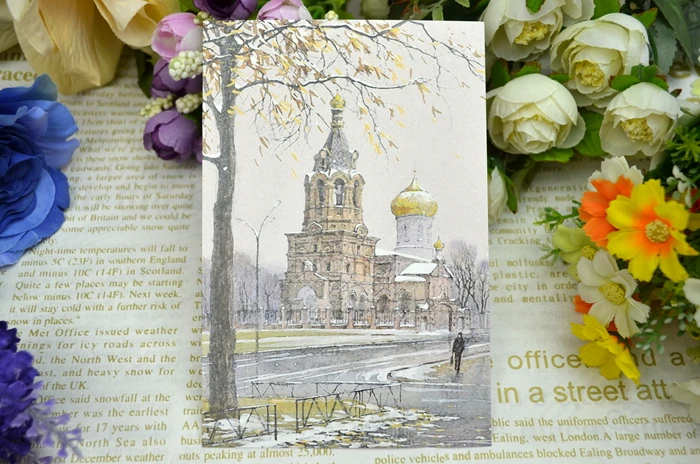 Русская зима пейзаж иллюстрация окрашенная открытка свежая коллекция