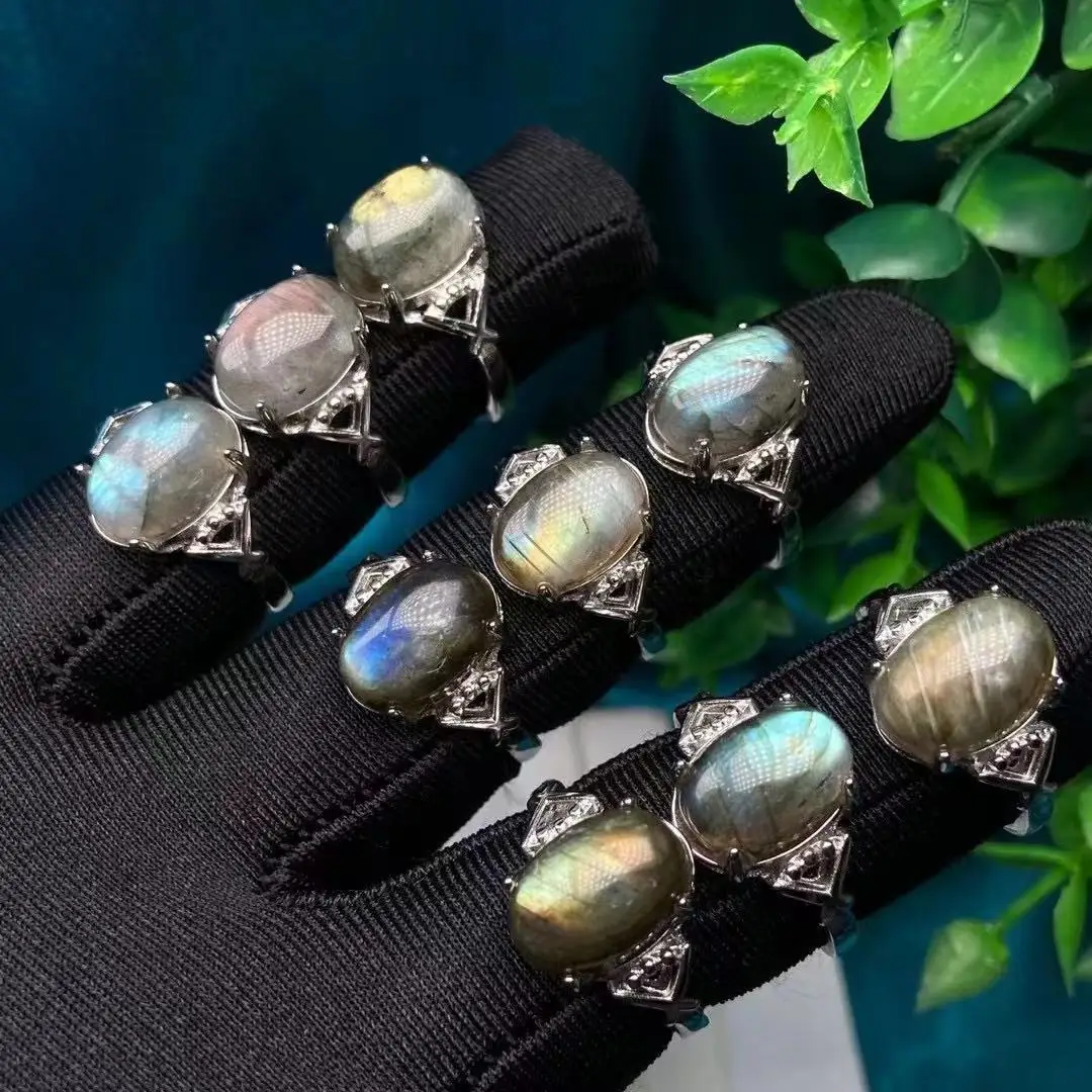 

10PCS Natural stone labradorite moonstone ring men and women Party wedding jewelry Charm Natural Gemstone Adjustable Ring