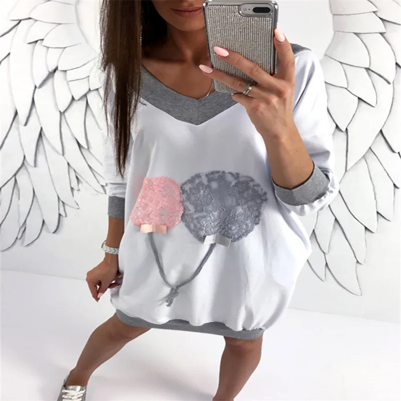 

Women Autumn Sweatshirts Long Sleeve Hoodies V-neck Print Patchwork Winter Female Tops Casual Loose Girl Clothing