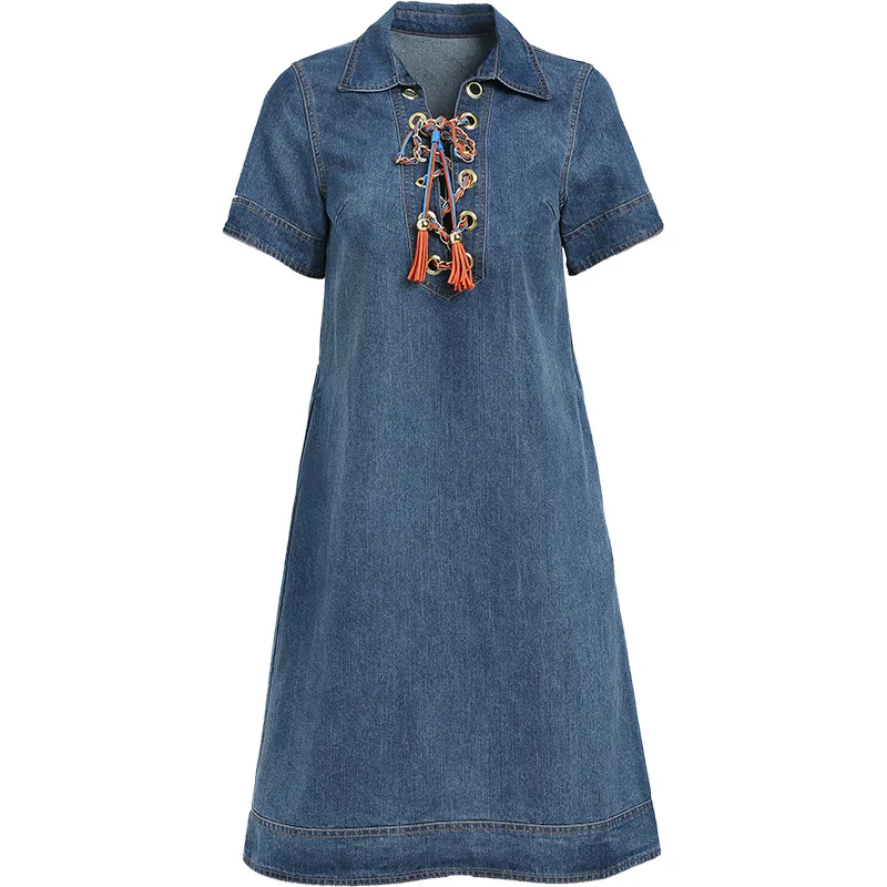 

Женское джинсовое платье с коротким рукавом, цветное винтажное повседневное ТРАПЕЦИЕВИДНОЕ ПЛАТЬЕ на шнуровке, с кисточками и отложным вор...