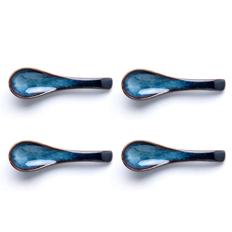 4Pcs/Lot Japanese Style Ceramic Household Soup Scoop Cute Blue Glaze Eating Drinking Spoons Serving Spoon Kitchen Tableware Set | Дом и сад