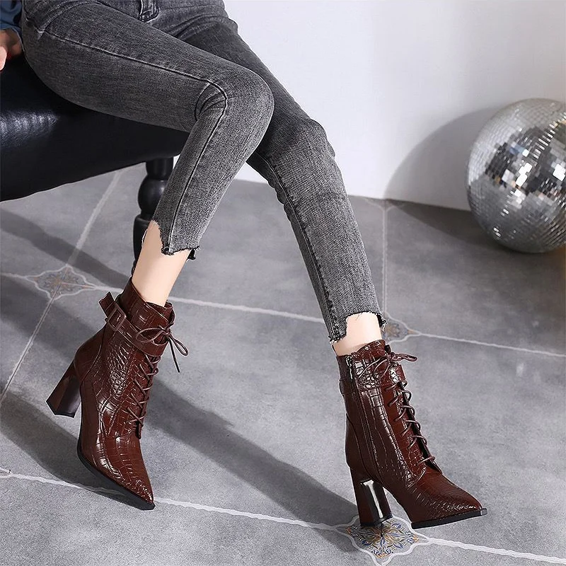 

Женские туфли на высоком каблуке, женская обувь из искусственной кожи на толстом каблуке, однотонная сохраняющая тепло, дышащая водонепрон...