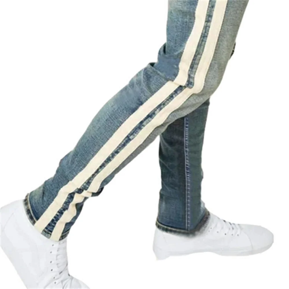 EH · MD®Двойные полосатая джинсовая ткань, Для мужчин; Модные ботинки с сапоги до колена обувь с открытым носком, прямые штаны из денима стройн... от AliExpress WW