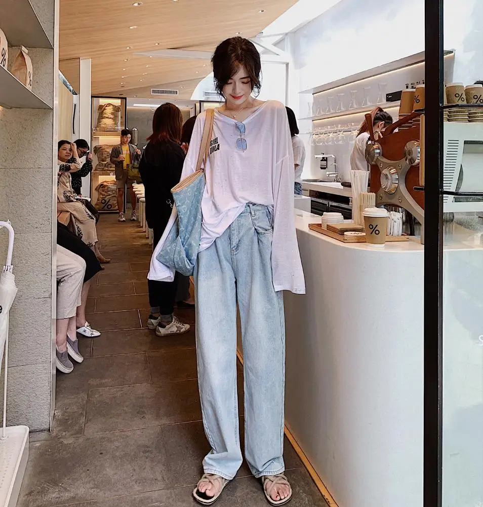 

Blue Women's Jeans High Waist 2021 Summer Retro Straight Pants All-match Loose Wide Leg Fashion Femme Denim Pants Streetwear