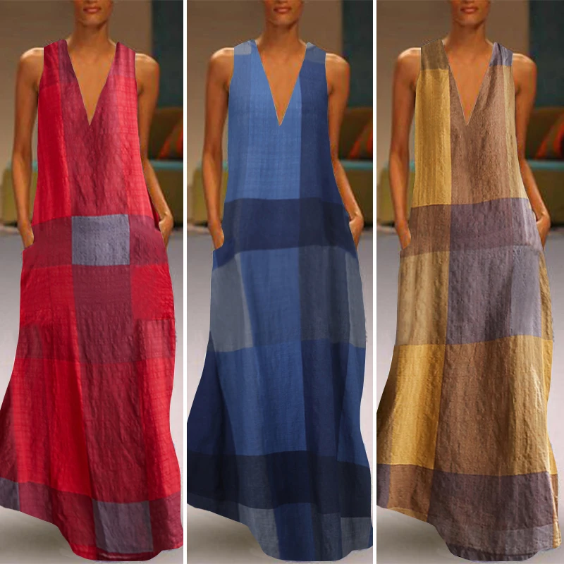 

2020 Women's Summer Sundress Casual Sleeveless Tank Vestidos Female O Neck Robe Femme Vintage Color Stitching Maxi Dress