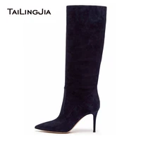 high heel brown knee high boots 2021 woman slouch tall boots grey pointed toe boot slip on winter shoes blue faux suede footwear