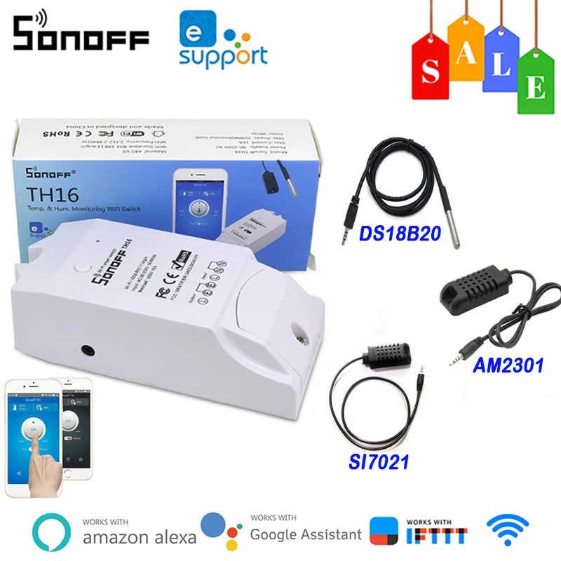 Переключатель SONOFF TH16 с Wi Fi и AM2301/DS18B20/SI7021 водонепроницаемый датчик температуры