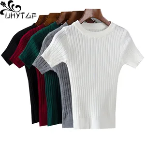 Свитер UHYTGF весна-осень, Женский пуловер с коротким рукавом, Короткие вязаные свитера, топ, повседневные тянущиеся тонкие свитера для женщин 222
