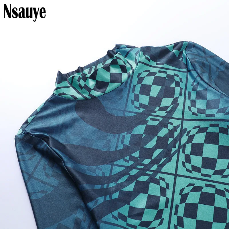 

Nsauye 2021 Autumn Y2K Sexy Women Print Long Sleeve Turtleneck Irregular Blue Slim Mini Dress Party Club Fashion Bodycon Dresses