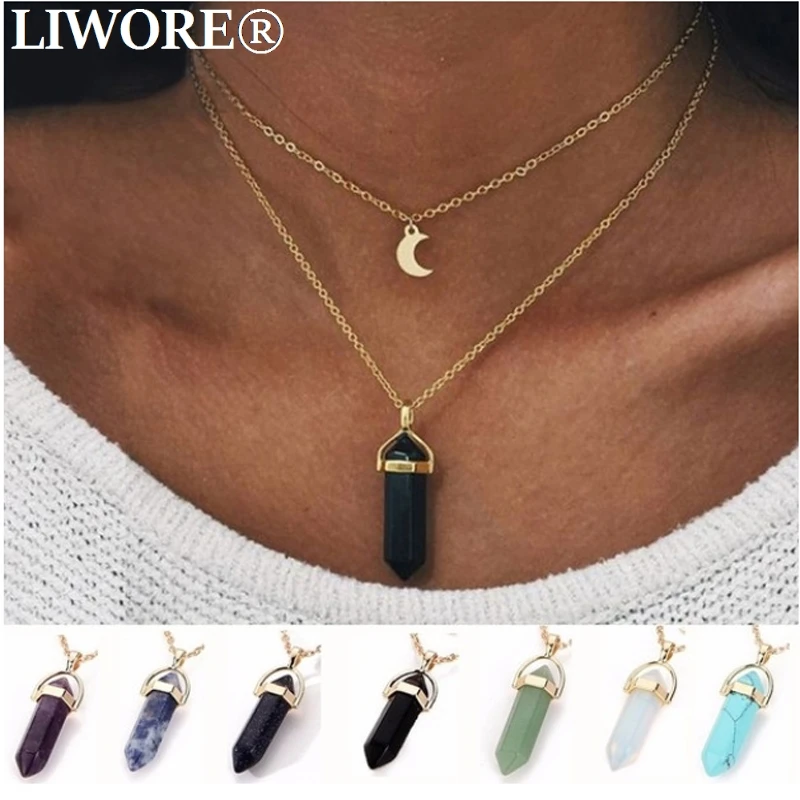 

Liwore Fashion Crystal Column Pendant Necklace For Women Multilayer Golden Moon Chain Necklace Jewelry Gift