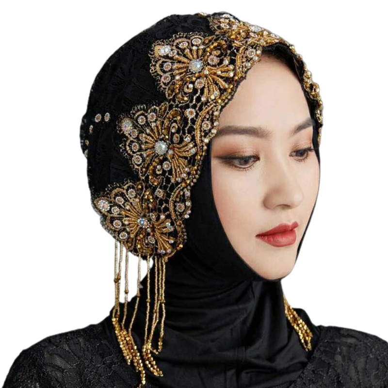 

Turban for Women Beaded Breathable Stretchy Cancer Chemo Cap Lace Knitted Hijab Elastic Headwear Islamic Cover