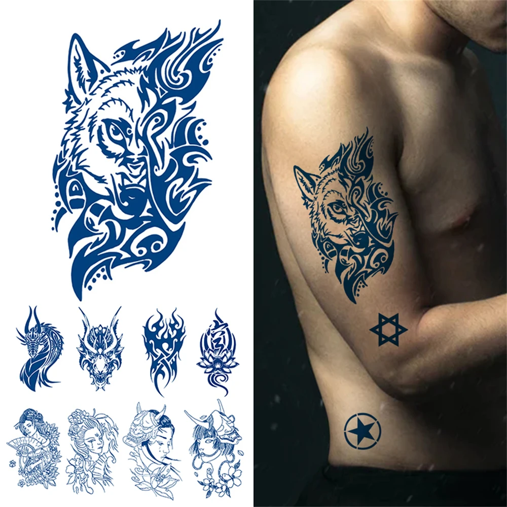 

Juice Full Arm Tattoo Blue Scorpion Paper Sticker Waist Art Fake Flash Tattoo Dragon Waterproof Temporary Tattoo For Women Men