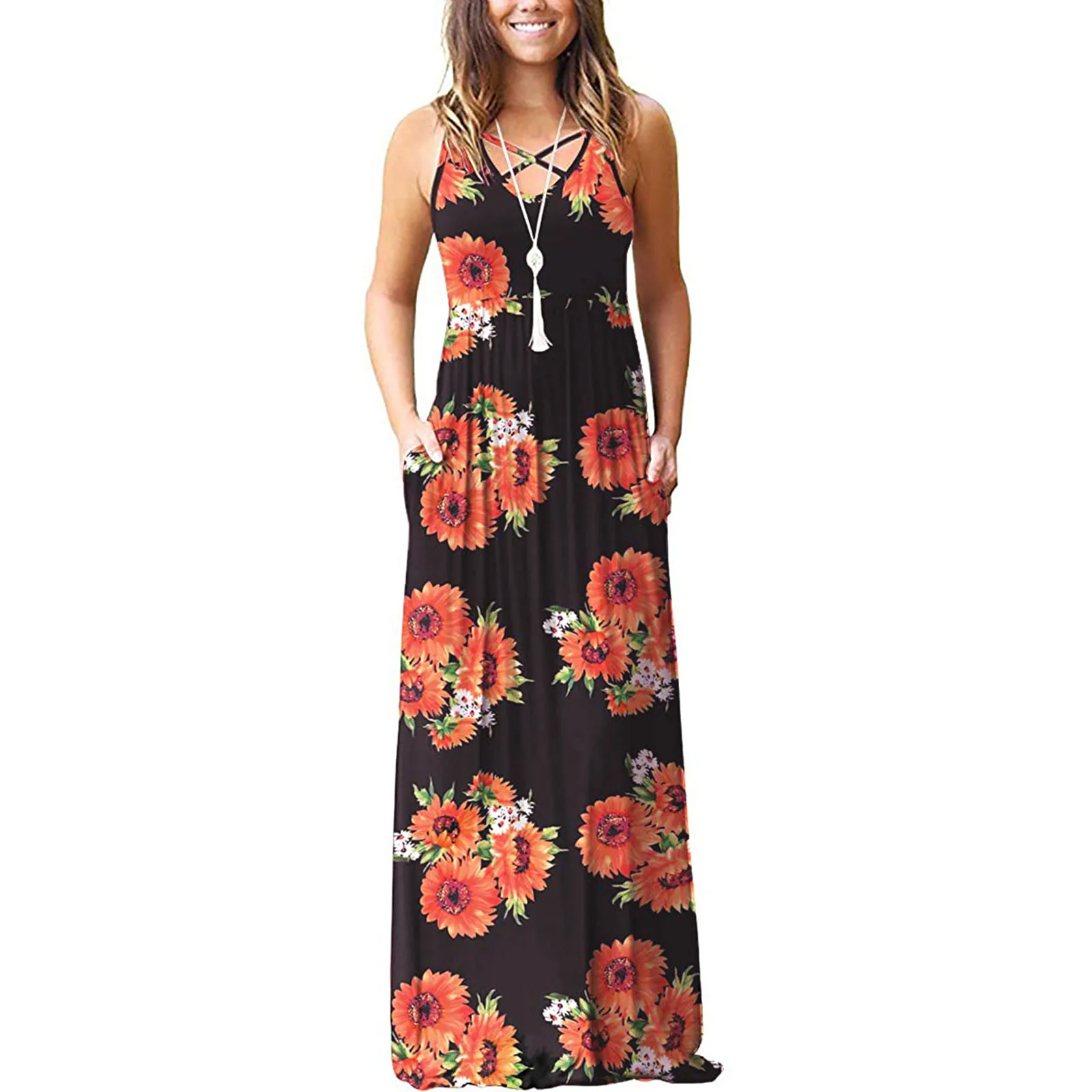 

Summer Long Dress 2021 Women's Dresses Summer Sleeveless Loose V-neck Printed Casual Pocket Maxi Dress