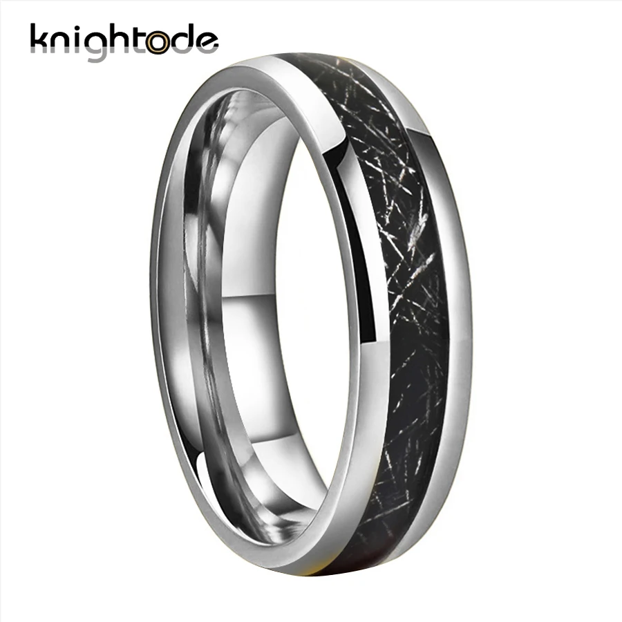 Кольцо из карбида вольфрама 6 мм 8 высокая полировка черный метеорит инкрустация