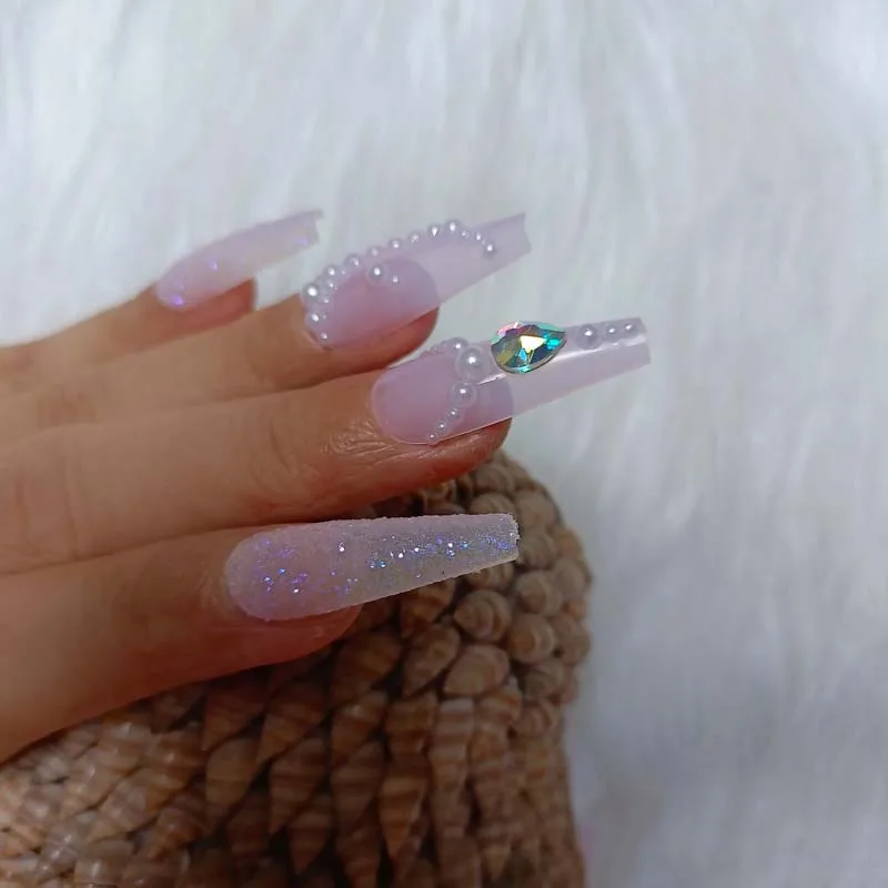 

24pcs white 2022 latest luxury jewelry ballet coffin fake nails crystal diamond Transparent pink